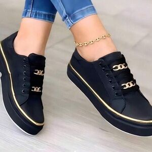 Black Platform Sneakers with Gold Trim - Women